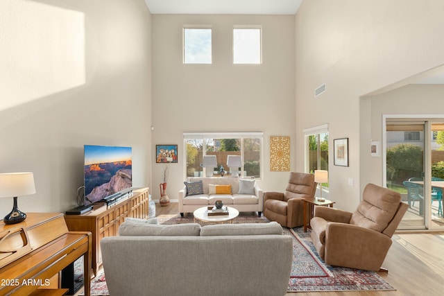 living room with wood-type flooring, a towering ceiling, and a wealth of natural light