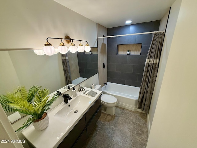 full bathroom featuring vanity, shower / tub combo with curtain, and toilet