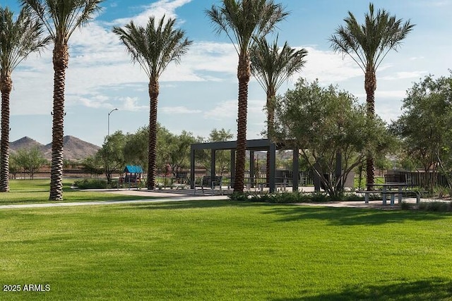 surrounding community featuring a mountain view and a lawn