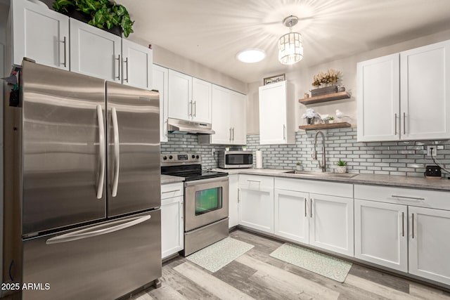 6802 S 47th St, Phoenix, AZ 85042 - kitchen featuring appliances with stainless steel finishes, open shelves, and white cabinetry