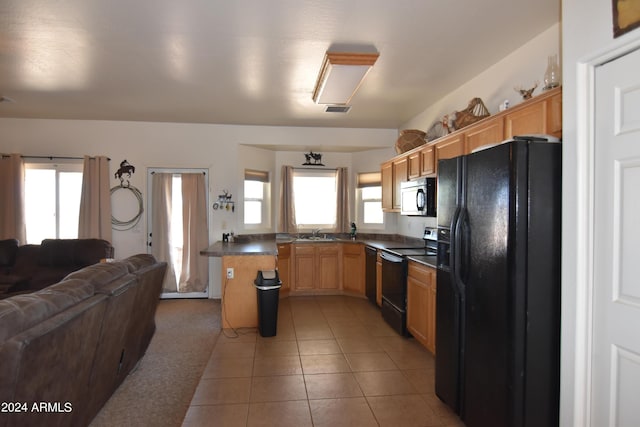 kitchen featuring a wealth of natural light, electric stove, sink, and black refrigerator with ice dispenser