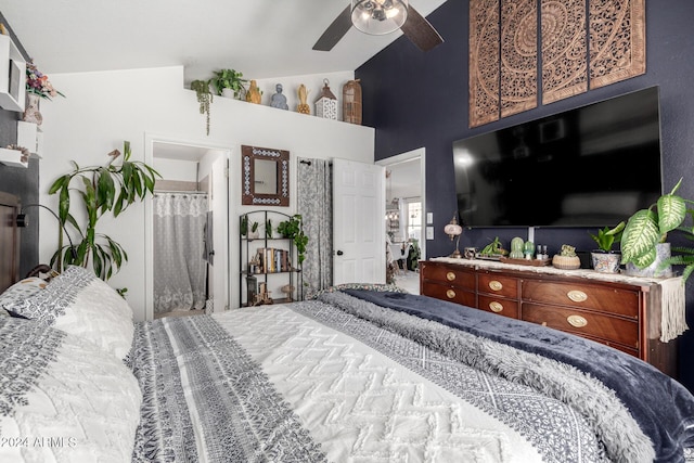 bedroom with vaulted ceiling and ceiling fan