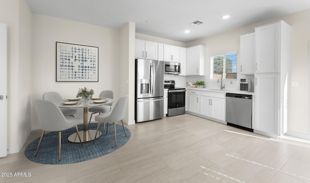 kitchen with white cabinetry, sink, backsplash, and stainless steel appliances