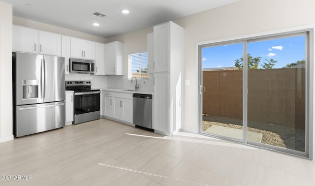 kitchen featuring stainless steel appliances, sink, white cabinets, and decorative backsplash