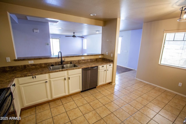 44944 W Miramar Rd, Maricopa, AZ 85139 - kitchen with a sink, dishwasher, dark countertops, light tile patterned floors, and recessed lighting