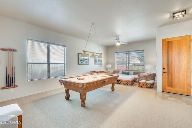 recreation room with pool table, ceiling fan, and carpet flooring