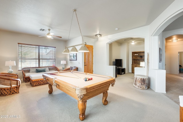 recreation room featuring pool table, light colored carpet, and ceiling fan