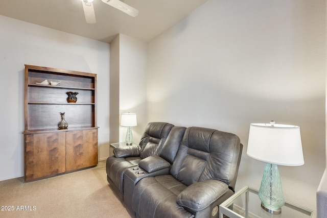 living room with light colored carpet and ceiling fan