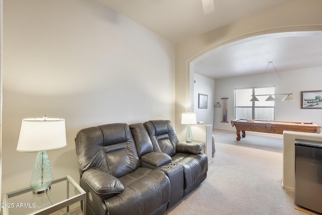 living room with pool table and carpet