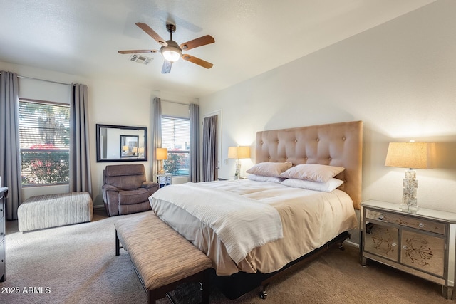 bedroom featuring carpet floors and ceiling fan