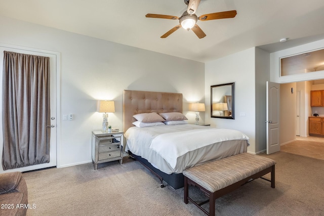 bedroom with ceiling fan and carpet