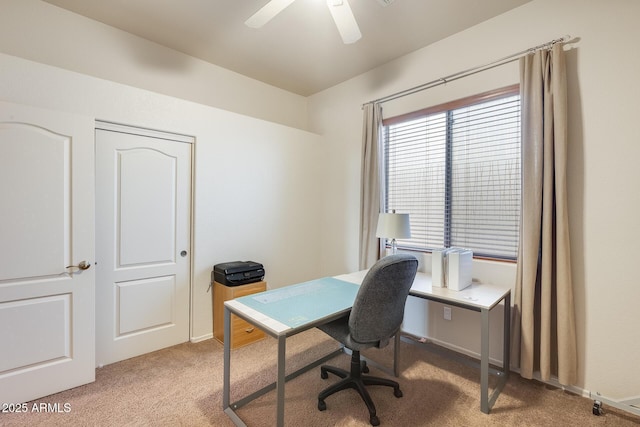 home office with light colored carpet and ceiling fan