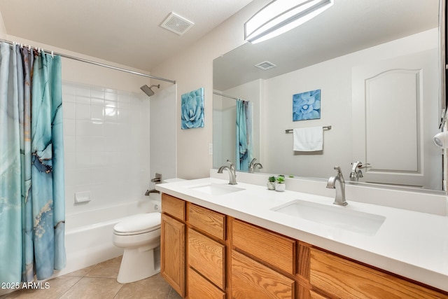 full bathroom with shower / bathtub combination with curtain, vanity, toilet, and tile patterned flooring