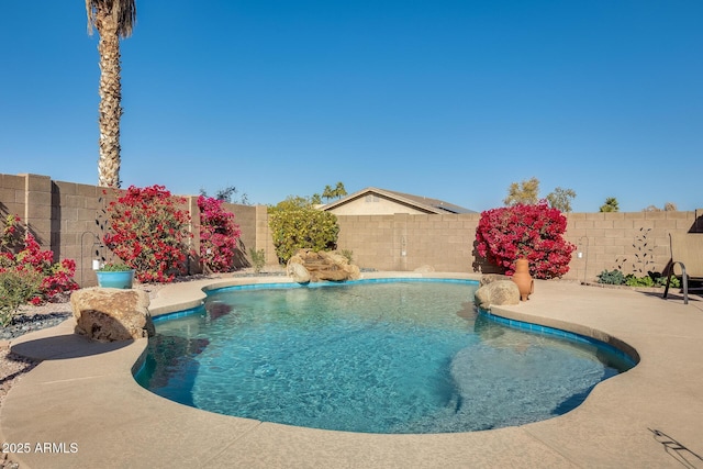 view of swimming pool featuring pool water feature and a patio area