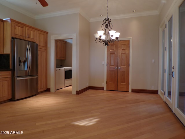 kitchen featuring crown molding, decorative light fixtures, stainless steel fridge with ice dispenser, light hardwood / wood-style flooring, and ceiling fan with notable chandelier