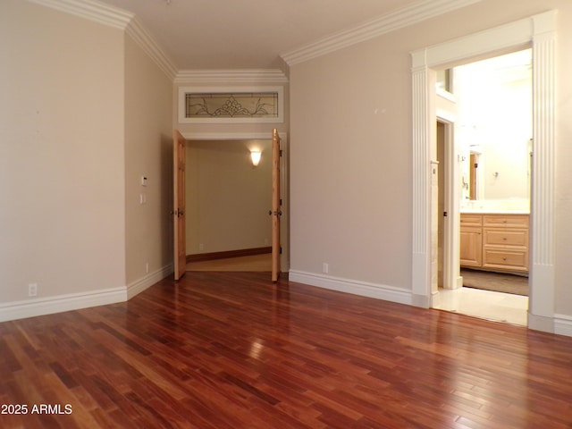 unfurnished room with ornamental molding and dark hardwood / wood-style floors