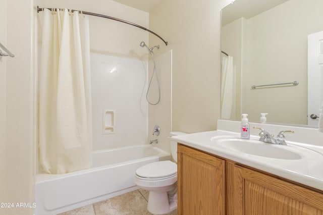 full bathroom featuring shower / bath combination with curtain, vanity, toilet, and tile patterned flooring