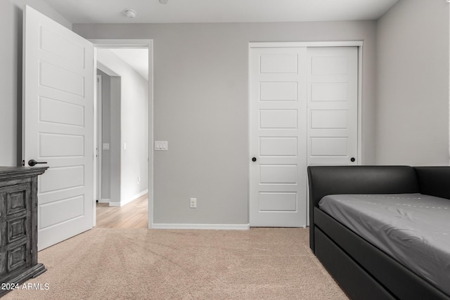 bedroom with light colored carpet and a closet