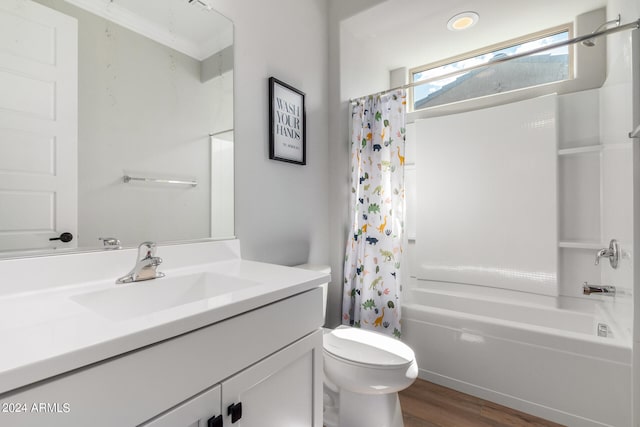 full bathroom featuring vanity, toilet, shower / bath combination with curtain, and hardwood / wood-style floors