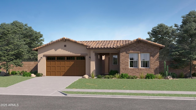 view of front of property with a tile roof, concrete driveway, a garage, stone siding, and a front lawn