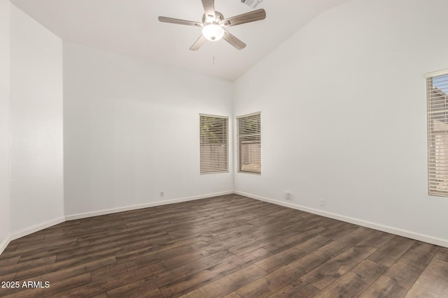8648 W Fargo Dr, Peoria, AZ 85382 - unfurnished room with ceiling fan, high vaulted ceiling, visible vents, baseboards, and dark wood finished floors