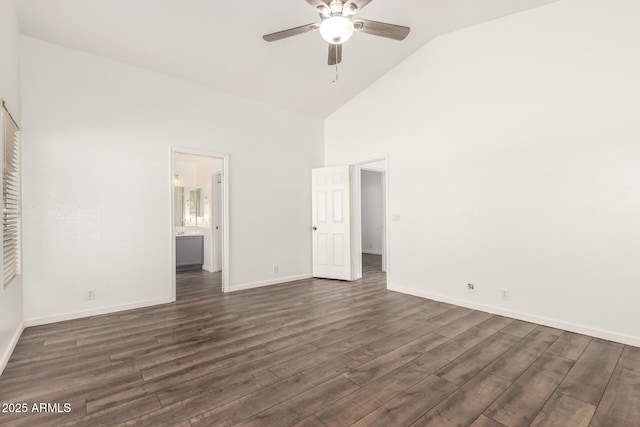 8648 W Fargo Dr, Peoria, AZ 85382 - unfurnished bedroom with baseboards, high vaulted ceiling, ceiling fan, and dark wood-style flooring