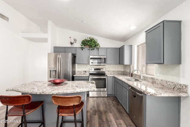 8648 W Fargo Dr, Peoria, AZ 85382 - kitchen with a sink, gray cabinetry, stainless steel appliances, vaulted ceiling, and dark wood-type flooring