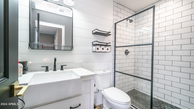 bathroom with toilet, vanity, and tiled shower