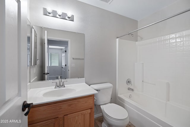 full bathroom with toilet, visible vents, bathing tub / shower combination, and vanity