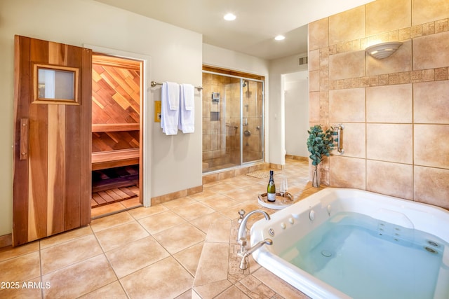 7155 E Oakmont Dr, Paradise Valley, AZ 85253 - full bathroom featuring visible vents, a tub with jets, a shower stall, recessed lighting, and tile patterned floors
