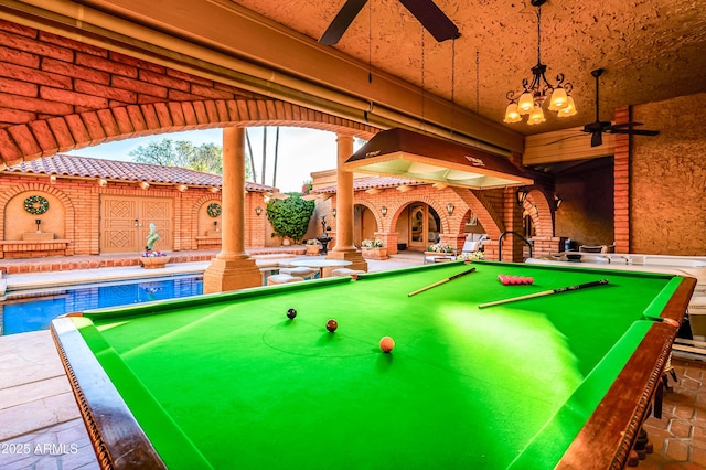 7155 E Oakmont Dr, Paradise Valley, AZ 85253 - rec room featuring ceiling fan, ornate columns, arched walkways, and pool table