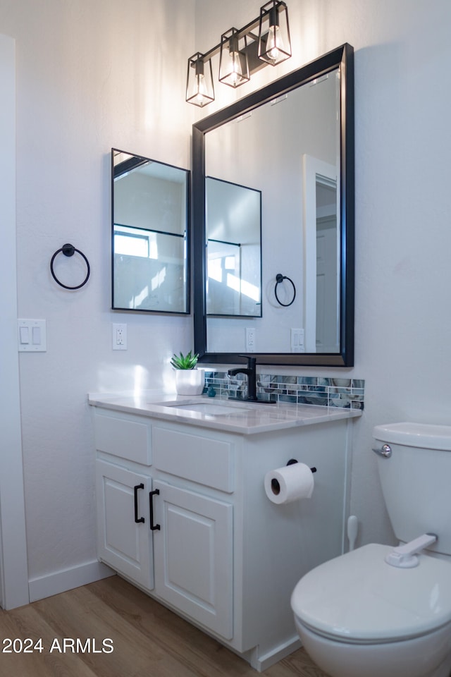 bathroom with vanity, toilet, and wood-type flooring