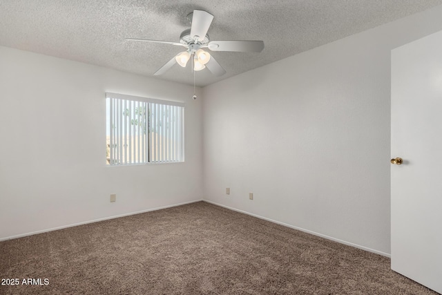 unfurnished room featuring ceiling fan, carpet flooring, and a textured ceiling