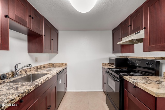 kitchen with light stone countertops, a textured ceiling, black appliances, sink, and light tile patterned floors