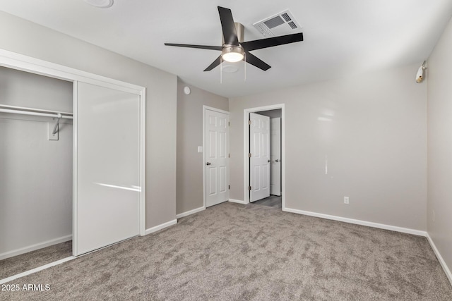 unfurnished bedroom with carpet and ceiling fan