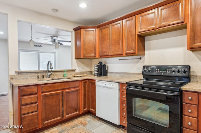 kitchen with sink, electric range, ceiling fan, light stone counters, and white dishwasher