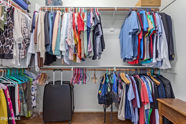 spacious closet featuring dark hardwood / wood-style flooring