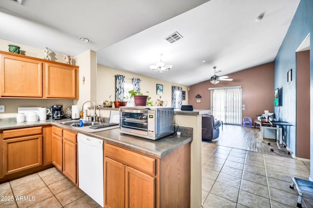 597 S 167th Dr, Goodyear, AZ 85338 - kitchen with dishwasher, a peninsula, lofted ceiling, light tile patterned floors, and a ceiling fan
