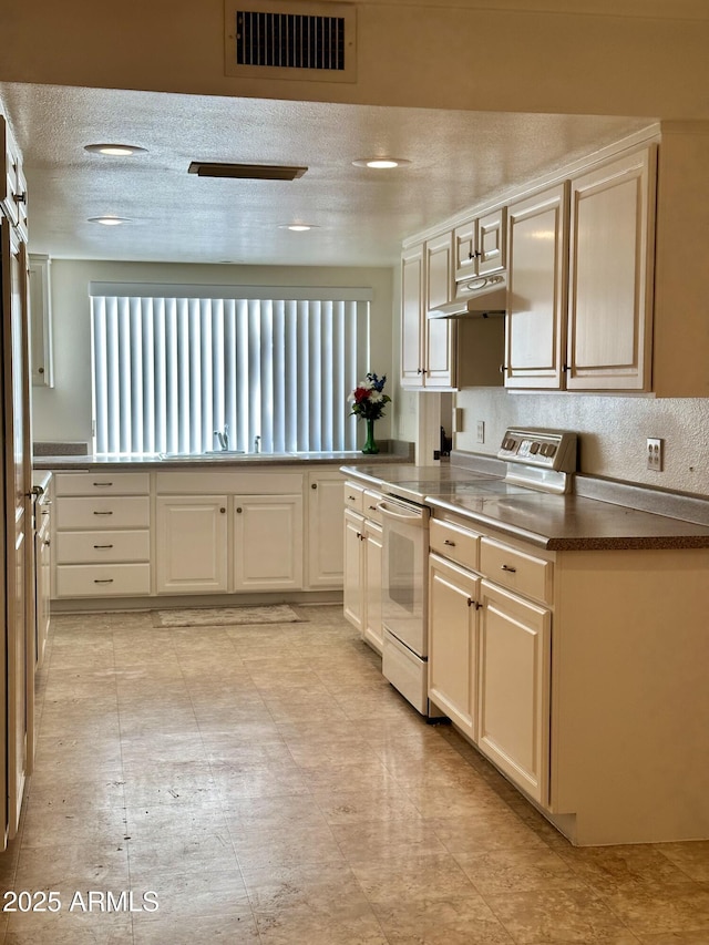 kitchen featuring sink, white electric range, and a textured ceiling