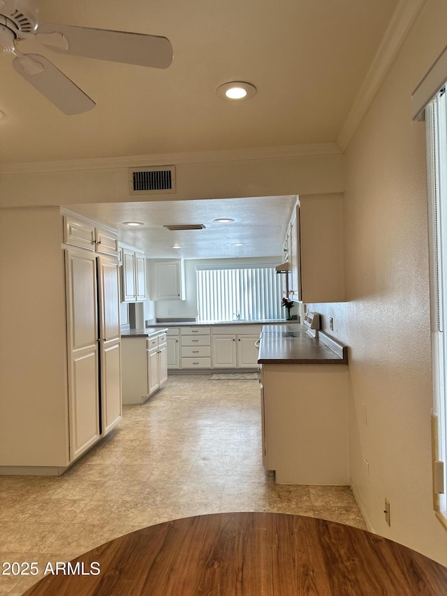 kitchen featuring ceiling fan, ornamental molding, and white cabinets