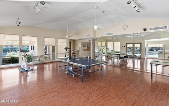 playroom with a healthy amount of sunlight, rail lighting, vaulted ceiling, and wood-type flooring