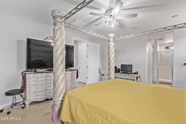 bedroom featuring ensuite bath and ceiling fan