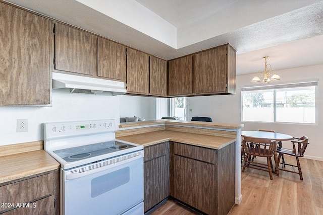 kitchen featuring light countertops, white electric stove, a peninsula, under cabinet range hood, and light wood-style floors