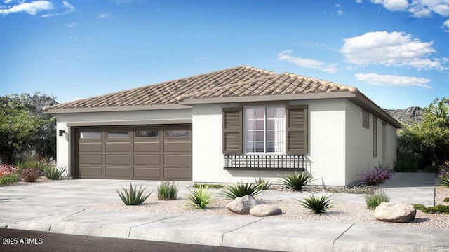 view of front of home featuring stucco siding, concrete driveway, an attached garage, and a tiled roof