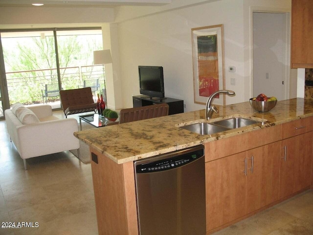 kitchen featuring sink, dishwasher, light tile flooring, and light stone counters