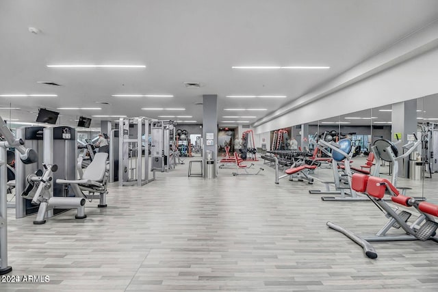 exercise room featuring light hardwood / wood-style floors