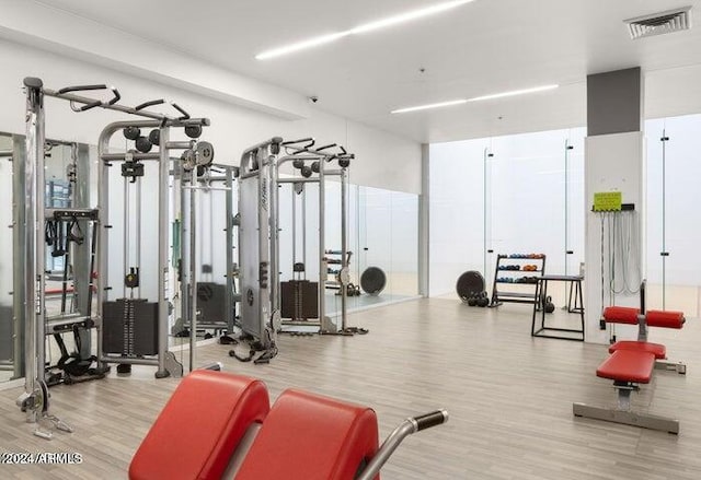 gym featuring light hardwood / wood-style flooring