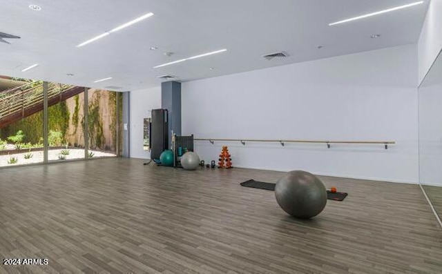 exercise room featuring a wall of windows and dark hardwood / wood-style flooring