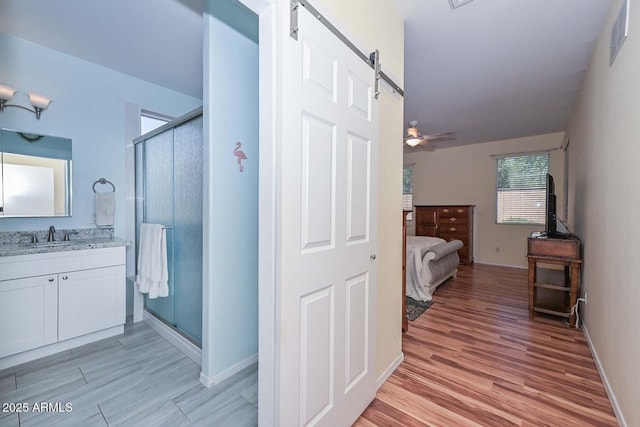 11580 N 86th Ln, Peoria, AZ 85345 - bathroom with a stall shower, wood finished floors, and vanity