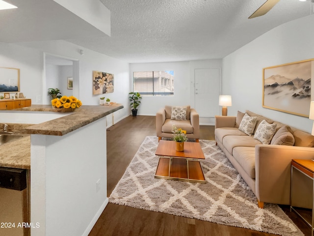 living room with dark wood-type flooring, ceiling fan, and a textured ceiling